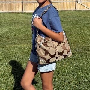 Coach Carly Slim Shoulder Bag with brown and tan Signature Monogram #11658